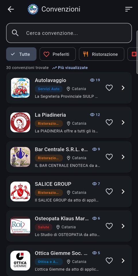 Elenco delle convenzioni, con barra di ricerca e filtri per tipologia