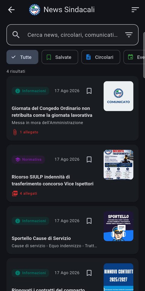 Elenco delle news sindacali con i filtri per categoria
